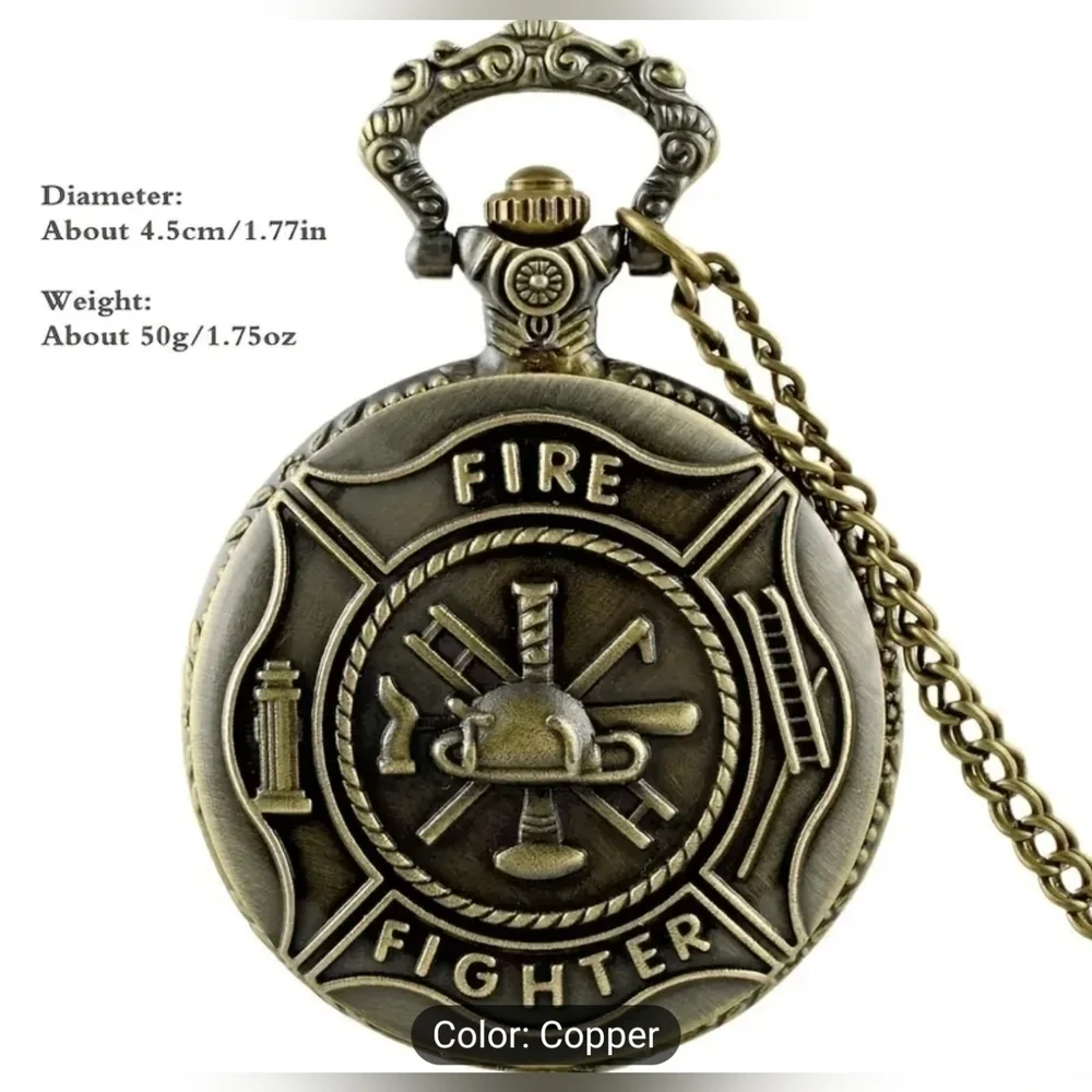 New Retro Quartz Pocket Watch W/ Letter Fire Fighter Fashionable For Men, T1MIS